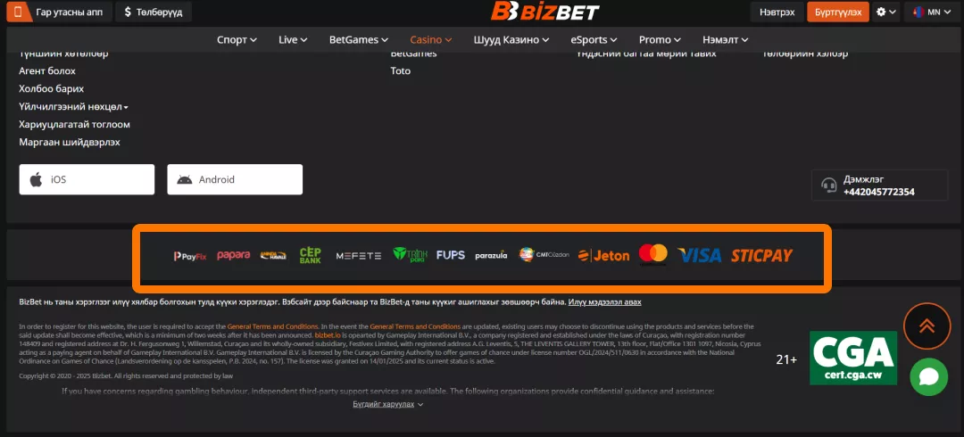 Зураг: BizBet мобайл аппын хэтэвч – үлдэгдэл, депозит ба татан авалтын сонголтууд