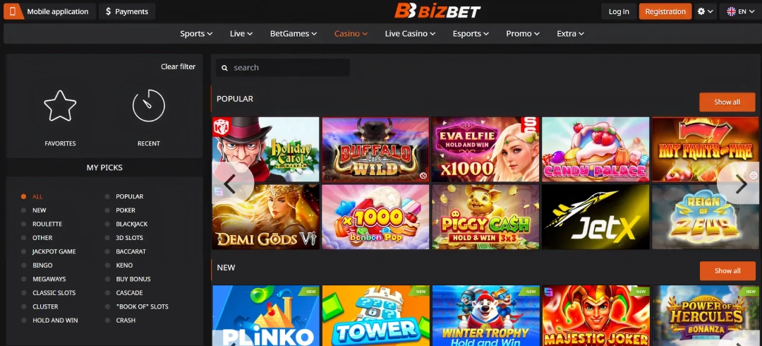 Bizbet Casino review for users in Mongolia showing the main platform interface