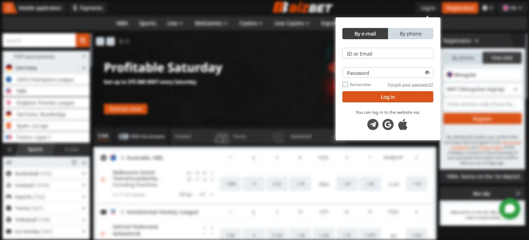 Image of BizBet account login page with email and password fields
