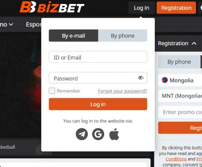 Image of Bizbet Mobile App Login Screen